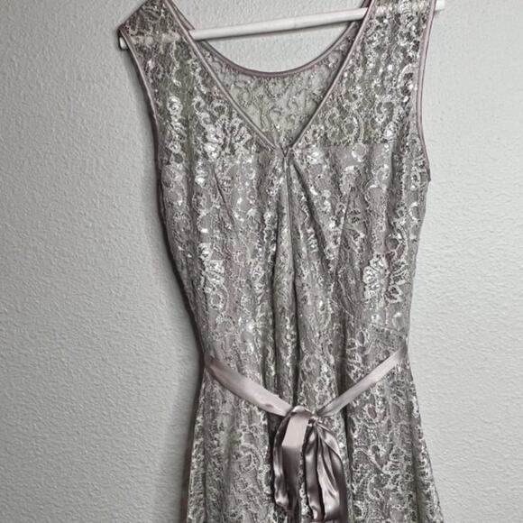 CACHE Champaign Metallic Threaded Lace Empire Waist Evening Cocktail Dress Sz 12 - Picture 7 of 15